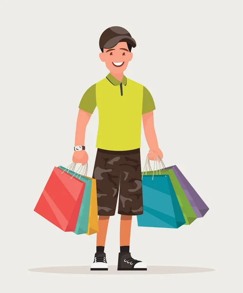 Hombre Está Compras Tipo Los Paquetes Ilustración Vectorial Estilo Dibujos — Vector de stock