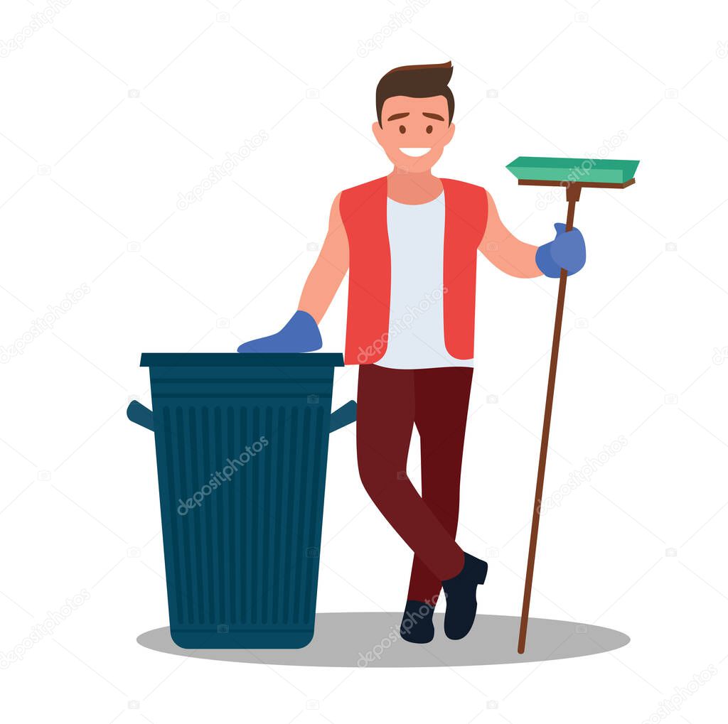 A human garbage collector . Garbage Collection. A man dressed in a uniform on an isolated background. Vector illustration in a flat style.