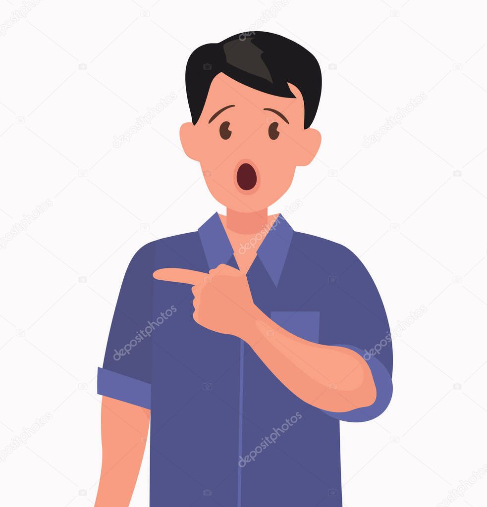 Surprised man points to something. Element for an incredible and shocking news or suggestion. Vector illustration in cartoon style