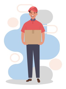 Kutusu olan bir kurye. Kırmızı şapkalı ve üniformalı genç bir kurye. Düz bir şekilde vektör illüstrasyonu.