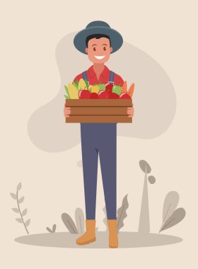 Çiftçi pazarında genç bir çiftçi sebze satar. Düz bir şekilde vektör illüstrasyonu.