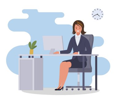 İş kadını ya da ofis masasında çalışan bir tezgahtar. Düz bir şekilde vektör illüstrasyonu.