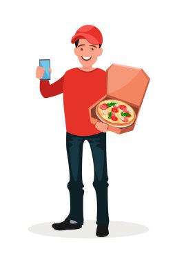 İnternetten pizza siparişi. E-ticaret kavramı. Çevrimiçi fast food dağıtım servisi. Düz bir şekilde vektör illüstrasyonu.
