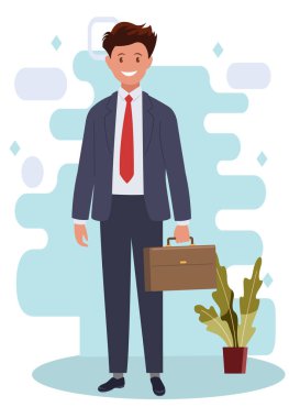 Bir evrak çantası ile bir takım elbise içinde iş adamı. Ofis çalışanı. Vektör çizim karikatür tarzı