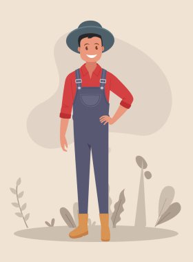 Tulumlu bir erkek çiftçi. Düz bir şekilde vektör illüstrasyonu.