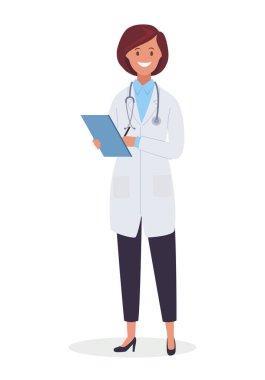 Defteri olan bir doktor, bir çizim. Düz bir şekilde vektör illüstrasyonu.