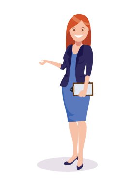 Mutlu bir kadın bir şeye işaret eder. Sunum ya da gösteri. Reklam ürünleri için bir unsur. Çizgi film tarzında vektör illüstrasyonu