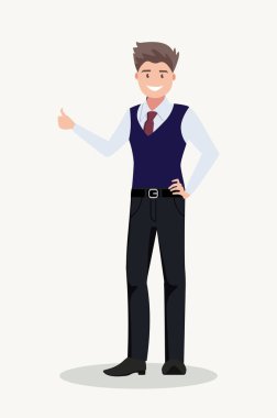 Sakallı mutlu adam baş parmağını kaldırdı. Çok havalı bir hareket. Çizgi film tarzında vektör illüstrasyonu