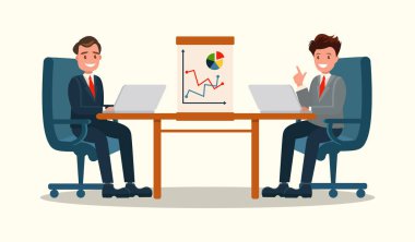 Bir iş toplantısı. Projenin sunumu. Bir adam proje sunar. Düz bir şekilde vektör illüstrasyonu.