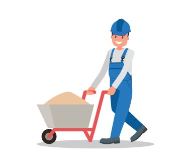 Çalışan bir adam el arabasında kum taşır. Düz bir şekilde vektör illüstrasyonu.