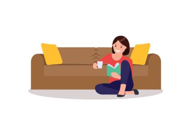 Genç bir kadın yerde oturuyor ve bir kitap okuyor. Düz bir şekilde vektör illüstrasyonu.