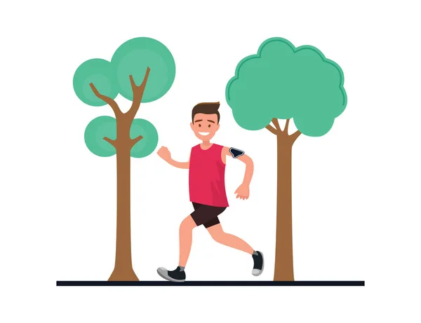 一个为了健康在公园里跑步的人 一个喜欢运动的人每天慢跑来训练 用扁平的方式表示矢量图解 — 图库矢量图片
