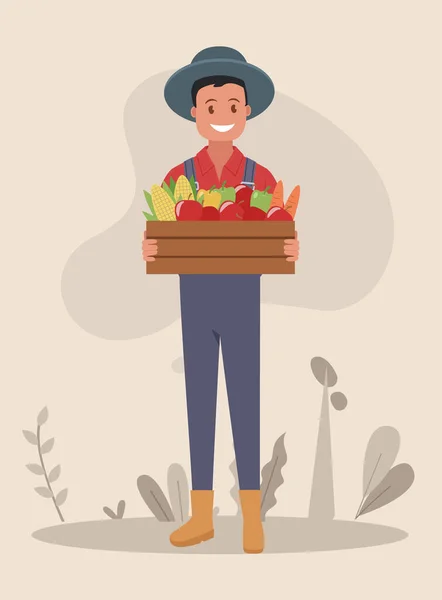 Ein Junger Bauer Auf Einem Bauernmarkt Verkauft Gemüse Vektor Illustration — Stockvektor