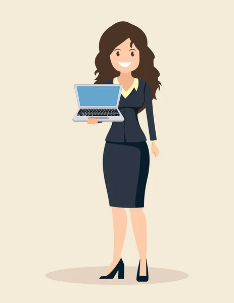 Female Businessman Shows Laptop Vector Illustration Flat Style — Stock Vector