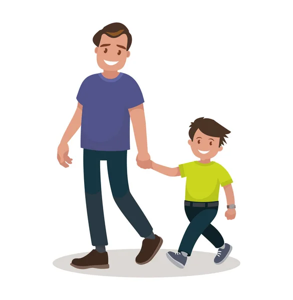 Vader Zoon Zijn Samen Wandelen Vectorillustratie Cartoon Stijl — Stockvector