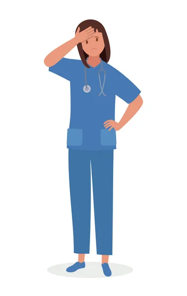 Une Femme Médecin Visage Gesticulé Maux Tête Frustration Fatigue Illustration — Image vectorielle