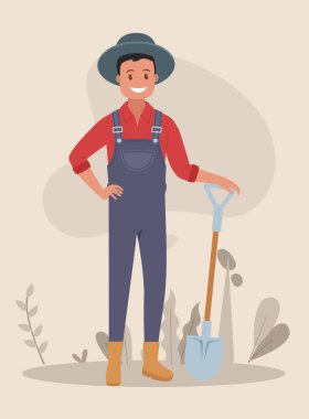 Kürekli mutlu bahçıvan. Düz bir şekilde vektör illüstrasyonu.