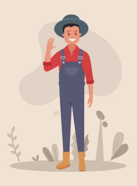 Karakter, elini sallayan bir çiftçidir. Düz bir şekilde vektör illüstrasyonu.