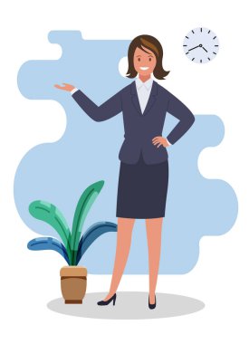 Mutlu bir kadın bir şeye işaret eder. Sunum ya da gösteri. Reklam ürünleri için bir unsur. Çizgi film tarzında vektör illüstrasyonu