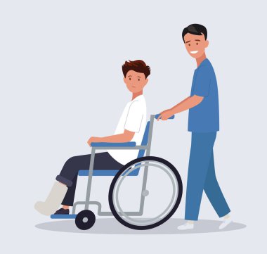 Bir doktor tekerlekli sandalyede bacağı kırık bir hastayı alıyor. Doktor ve hasta. Düz bir şekilde vektör illüstrasyonu.