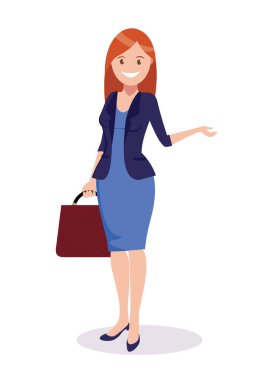 Mutlu bir kadın bir şeye işaret eder. Sunum ya da gösteri. Reklam ürünleri için bir unsur. Çizgi film tarzında vektör illüstrasyonu