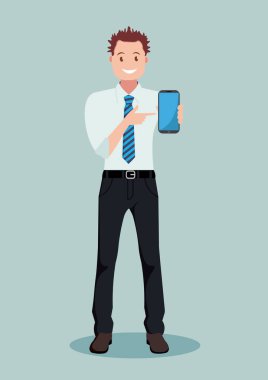 İş adamı telefonu gösterir. Düz bir şekilde vektör illüstrasyonu.