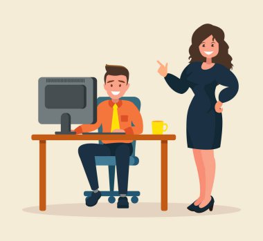 Yanında başka bir çalışan olan bilgisayarın başında çalışan bir kadın. Düz bir şekilde vektör illüstrasyonu.