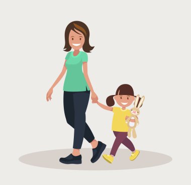 Anne ve kızı birlikte gidiyor. Çizgi film tarzında vektör illüstrasyonu.