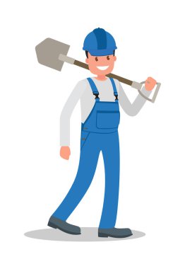 Elinde bir araç ile işyerinde tulum bir inşaat işçisi adamdır. Vektör çizim.