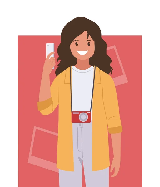 Seorang Wanita Mengambil Selfie Pada Kamera Smartphone Ilustrasi Vektor Dalam - Stok Vektor