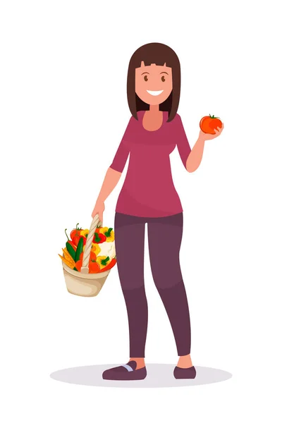 Cute Girl Clean Foods Basket Organic Nutrition Medicine Mental Physical — Stock Vector