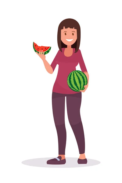 Eine Bäuerin Hält Eine Köstliche Wassermelone Der Hand Vektor Illustration — Stockvektor