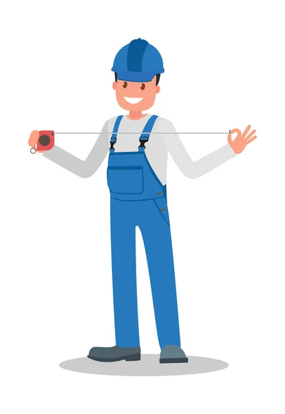 Homme Est Ouvrier Construction Salopette Sur Lieu Travail Avec Outil — Image vectorielle