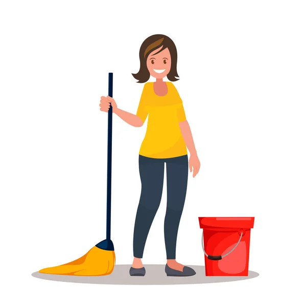 Zmęczona Dziewczyna Myje Podłogi Pokoju Sprząta Domu Sprzątanie Mieszkania Porządkowanie — Wektor stockowy