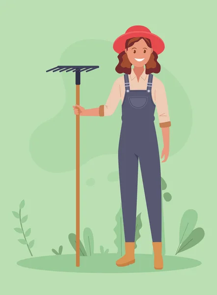Landbouwwerkzaamheden Een Vrouw Werkt Tuin Met Een Hark Egaliseert Grond Vectorbeelden