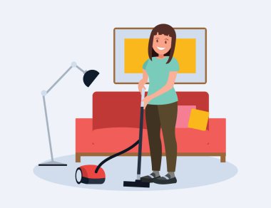 Gülümseyen ev hanımı elektrikli süpürge vektörüyle halı temizliyor. Beyaz arka planda izole edilmiş ev işi yapan mutlu genç bir kadın. Evcil kadın evdeki toprağı ve tozu temizliyor.