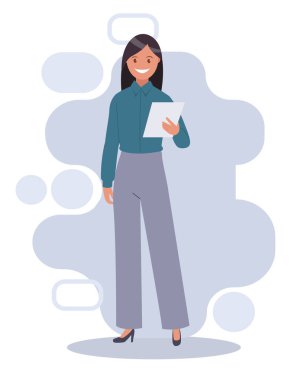 Bir kadın belgeyi inceliyor. İş analizi konsepti, denetim, belgelerin profesyonel doğrulanması. Düz bir şekilde vektör illüstrasyonu.