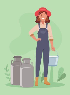 Tarım kavramı. Bir dişi çiftçinin elinde bir kova süt var. Düz bir şekilde vektör illüstrasyonu.