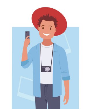 Akıllı telefon kamerasıyla selfie çeken bir adam. Düz bir şekilde vektör illüstrasyonu.