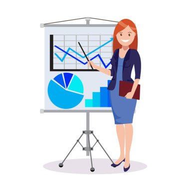 İş görüşmesi. Proje sunumu. Kadın proje temsil eder. Düz stil vektör çizim.