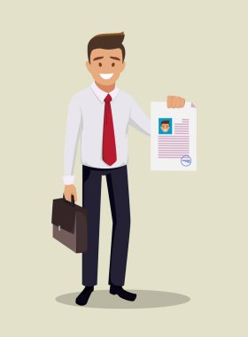 Adam sözleşmeli bir kağıt gösteriyor. Çizgi film tarzında vektör illüstrasyonu