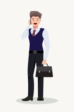 Telefonda konuşan işadamı adam. Düz tasarım. Vektör çizim karikatür tarzı