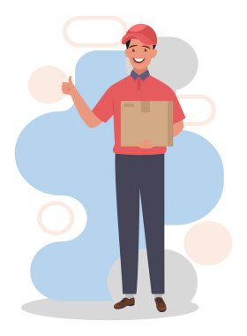 Kutusu olan bir kurye. Kırmızı şapkalı ve üniformalı genç bir kurye. Düz bir şekilde vektör illüstrasyonu.