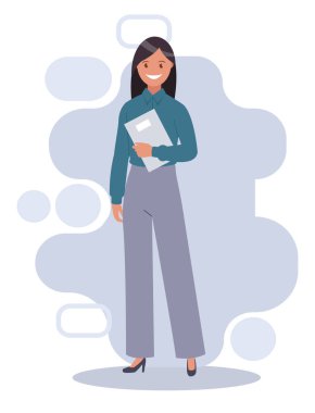 Defterli, resimli mutlu kız. Düz bir şekilde vektör illüstrasyonu.