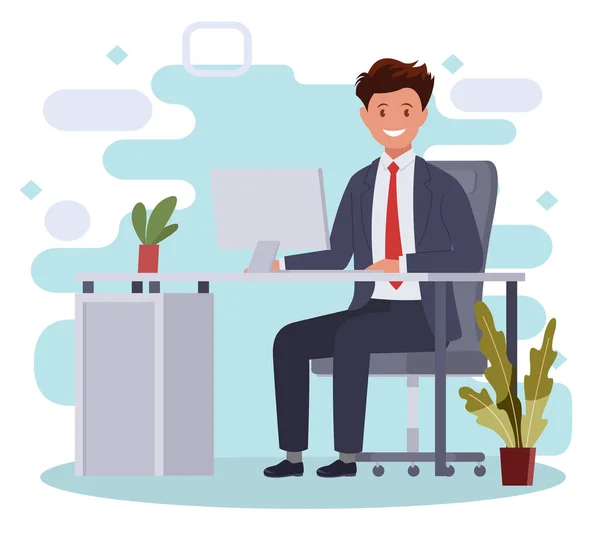 Homem Conceito Negócios Sentado Mesa Trabalhando Computador Escritório Ilustração Vetorial — Vetor de Stock