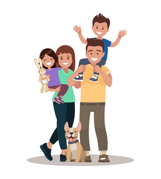 Família Feliz Quatro Dois Animais Estimação Posando Juntos Ilustração Vetorial — Vetor de Stock