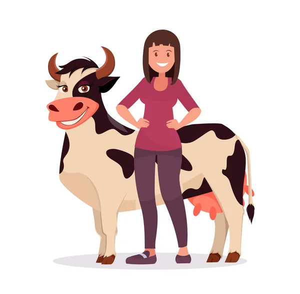 Hermosa Mujer Agricultora Pie Con Vaca Linda Chica Granjero Personaje — Vector de stock