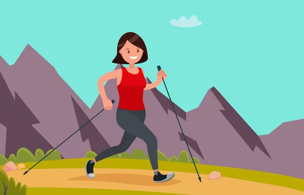 Junge Sportlerin Beim Nordic Walking Vektor Illustration Flachen Stil — Stockvektor