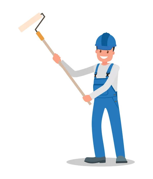 Man Byggnadsarbetare Overaller Arbetsplatsen Med Ett Verktyg Händerna Vektorillustration — Stock vektor