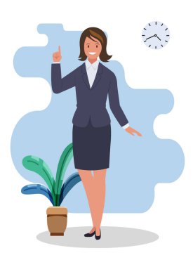 Kadın işaret parmağıyla işaret ediyor. Düz bir şekilde vektör illüstrasyonu.